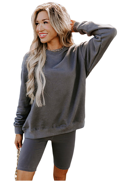 Dark Grey Solid Color Pullover and Skinny Shorts Two Piece Set