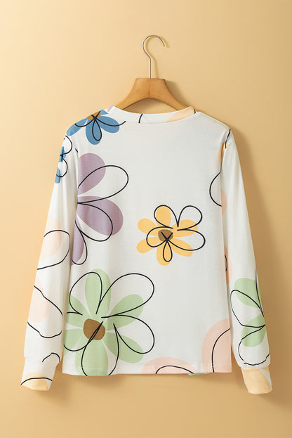 Beige bloemenprint ronde hals lange mouw T-shirt