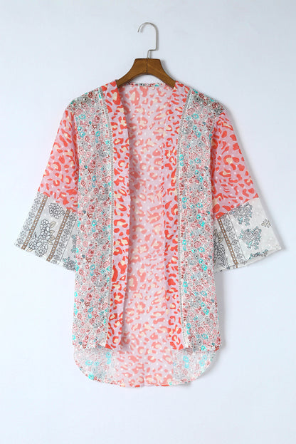 White Floral Print Open Front Bell Sleeve kimono