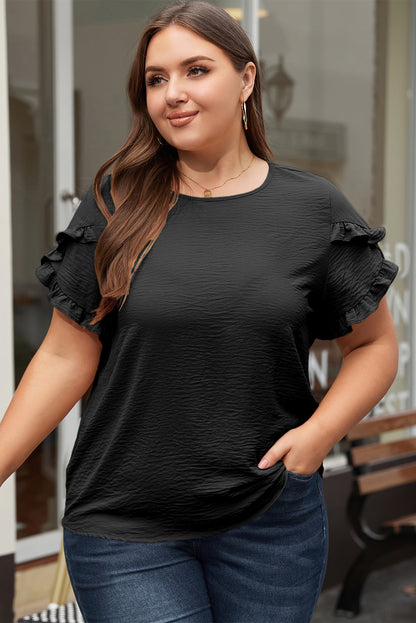 Dark Grey Ruffled Short Sleeve Plus Size Top