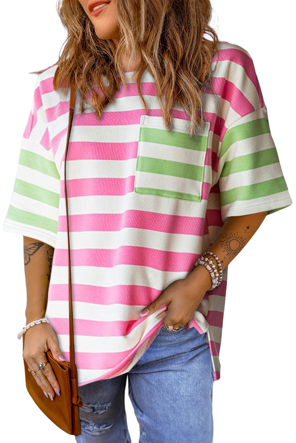 Roze streep contrast patch zak drop mouw T-shirt