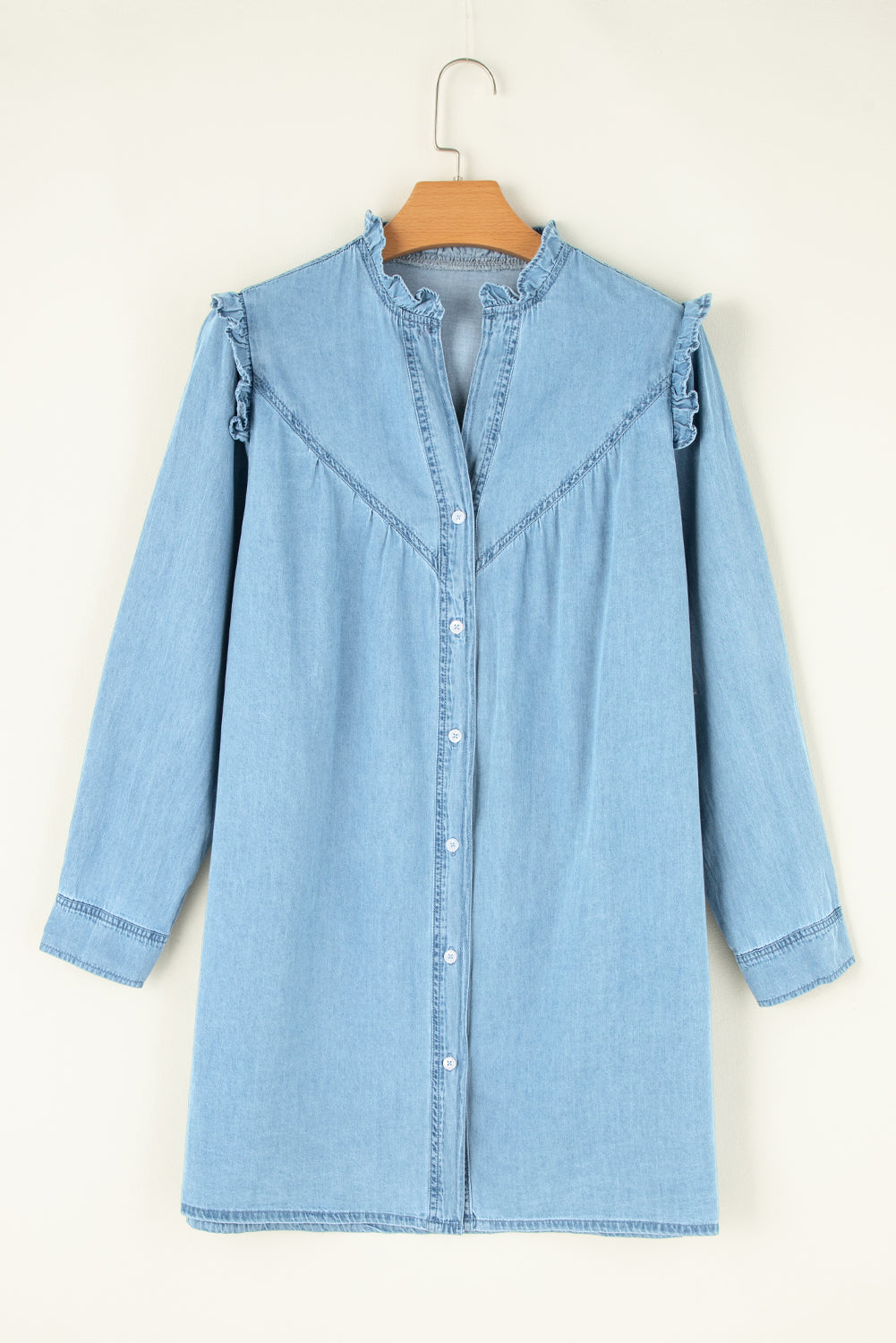 Myosotis geplooide V-hals geknoopte shift denim jurk