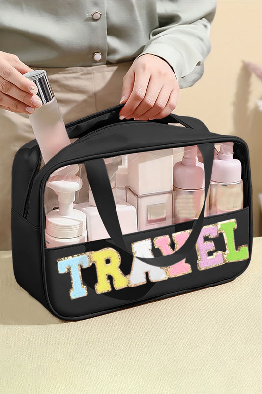 Trousse de maquillage en PVC transparent avec lettres en chenille noire TRAVEL