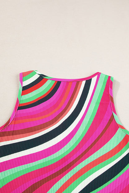 Multicolour Wavy Striped Buttoned V Neck Tank Top