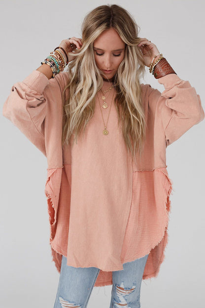 Camel Crinkle Splicing Raw Hem High Low Oversized Blouse