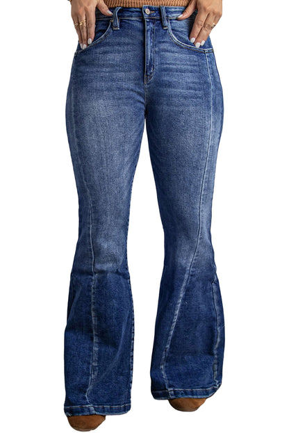 Donkerblauwe Plus Size Gestikte Gewassen Flare Jeans