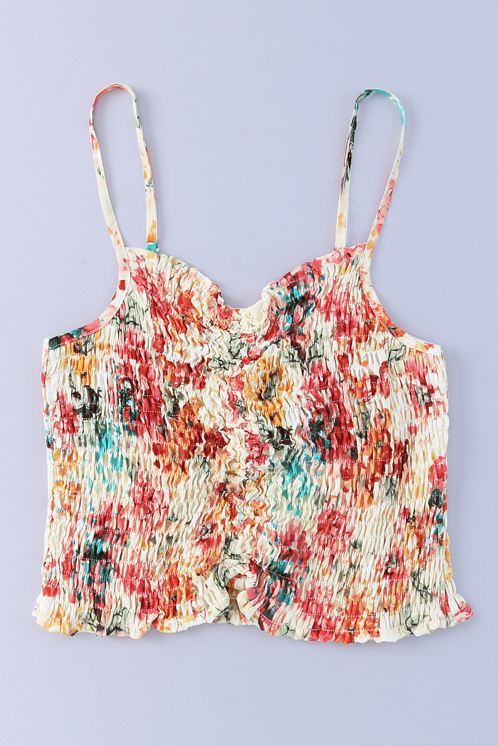 Abrikoos bloemenprint gesmokte tanktop met ruches