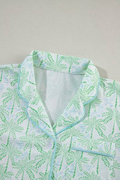 Green Vacation Coco Tree Print Short Sleeve Pajamas Set