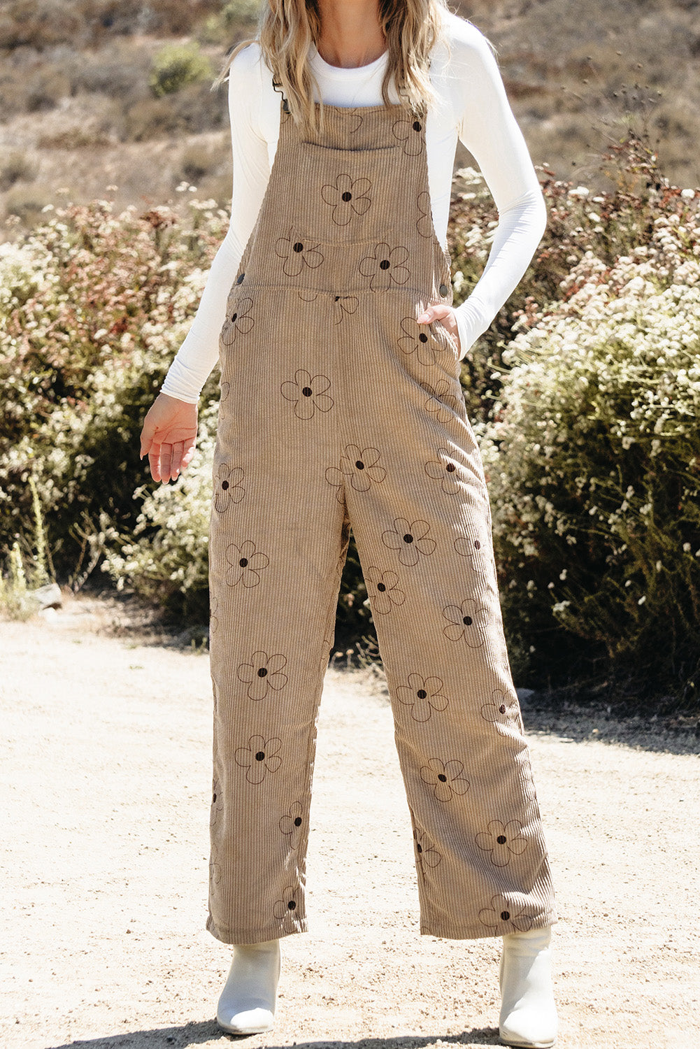 Khaki Flower Print Corduroy Overalls