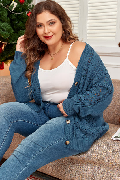 Echte Teal Open Knit V-hals Knoopsluiting Voorkant Drop Schouder Plus Size Cardigan