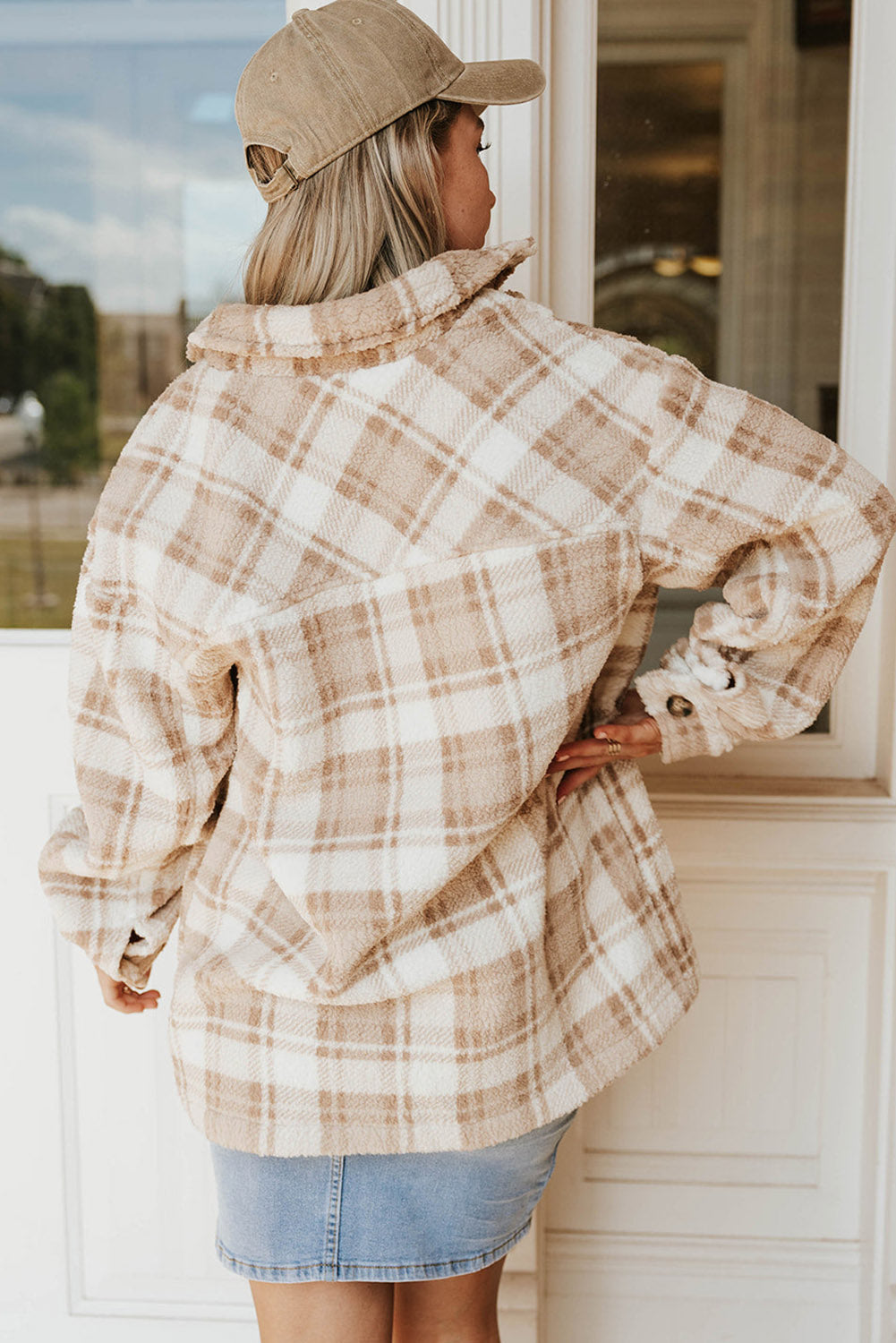 Khaki Sherpa Plaid-jas met knoopsluiting en zakken