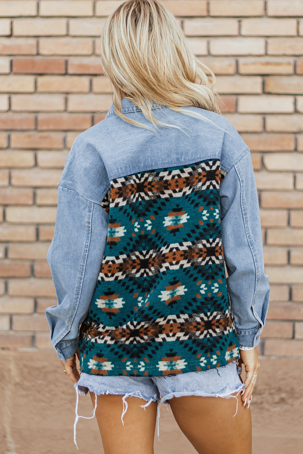 Blauwe Azteekse denimjas met print