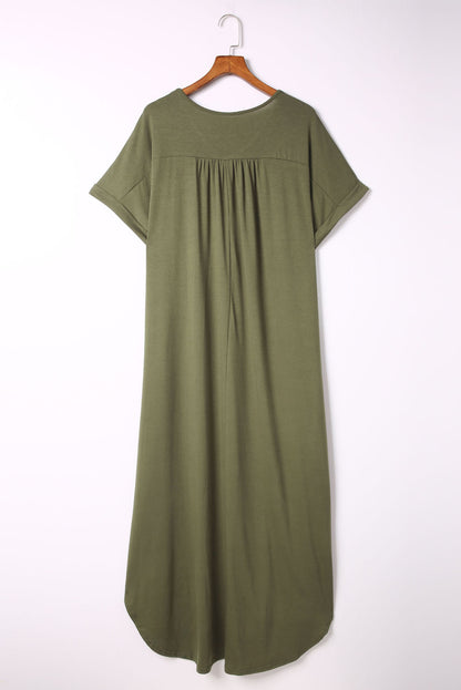 Groene Plus Size V-hals Gerolde Manchetten Maxi-jurk