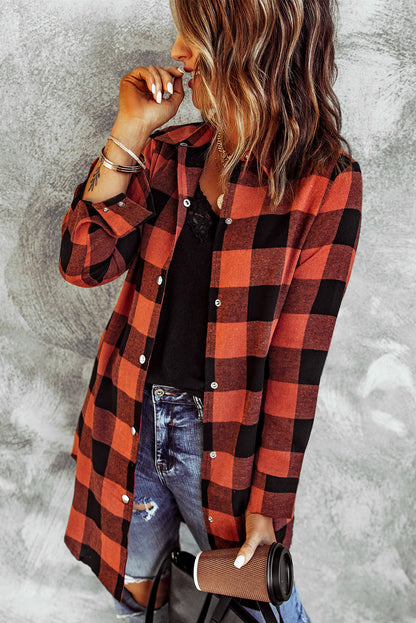 Brown Turn-down Collar Plaid Shirt Coat