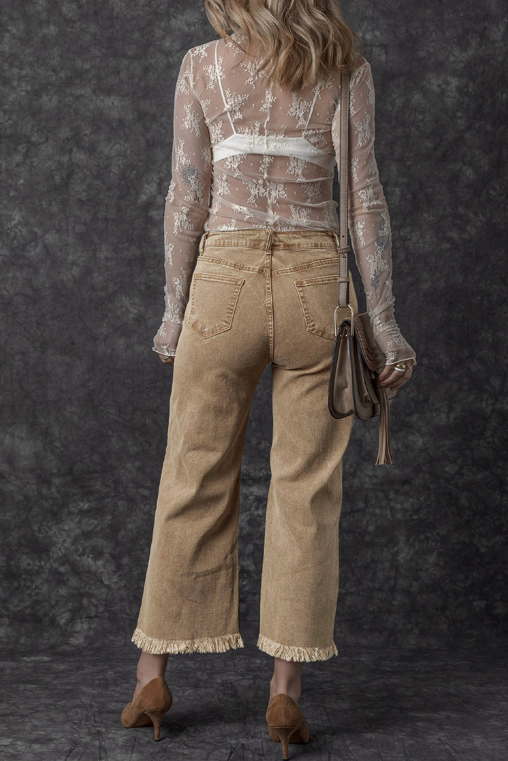 Lichte Franse beige acid washed high rise cropped wijde pijp jeans