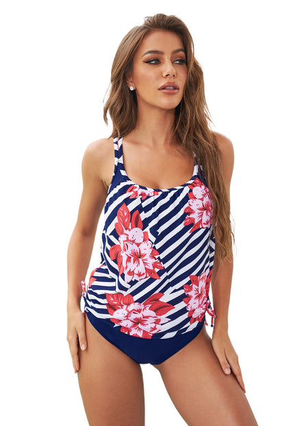 Blauwe bloemenprint gevoerde tankini badpak