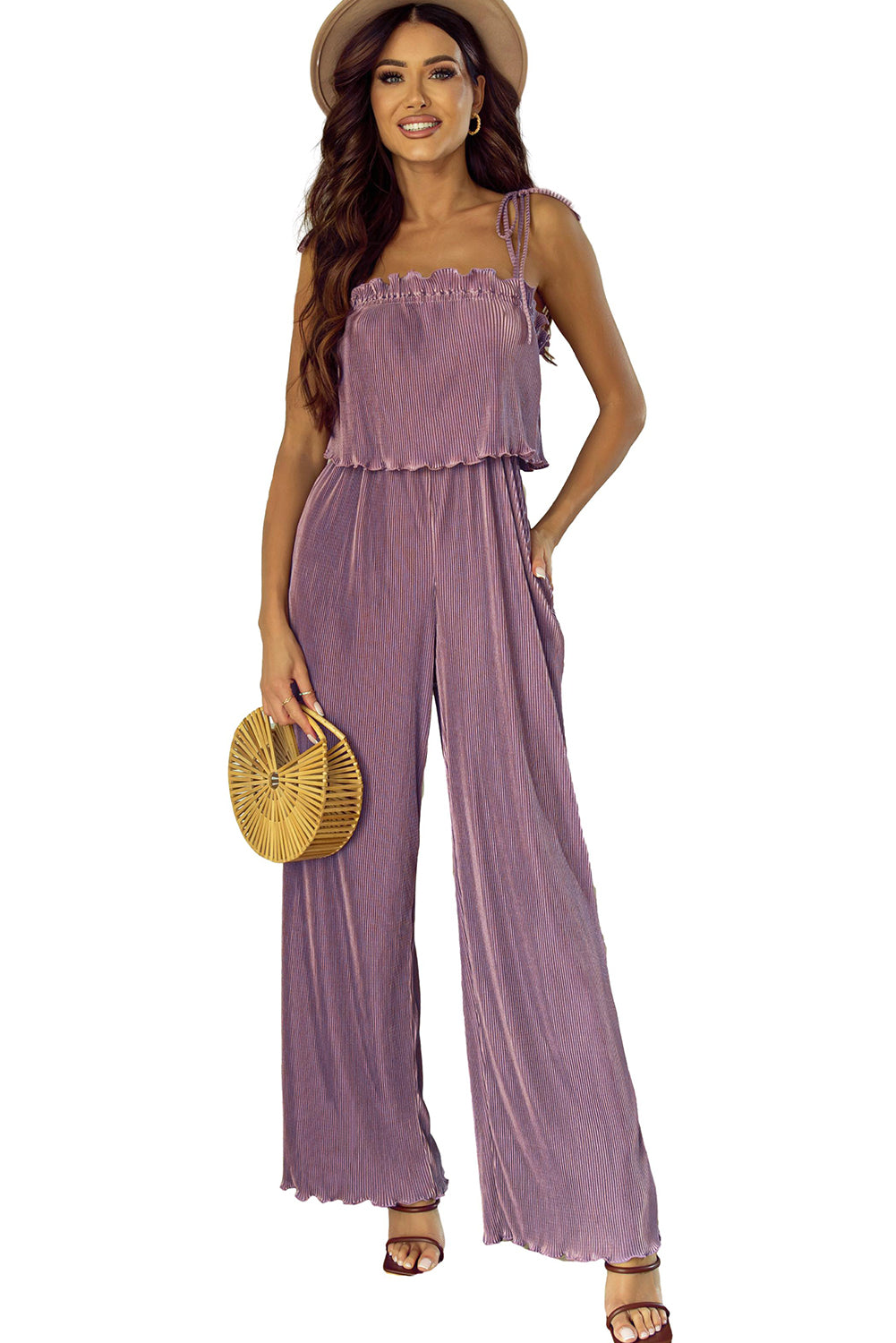 Rose Tan Solid Zelfstrikkende Bandjes Geplooide Wijde Pijpen Jumpsuit