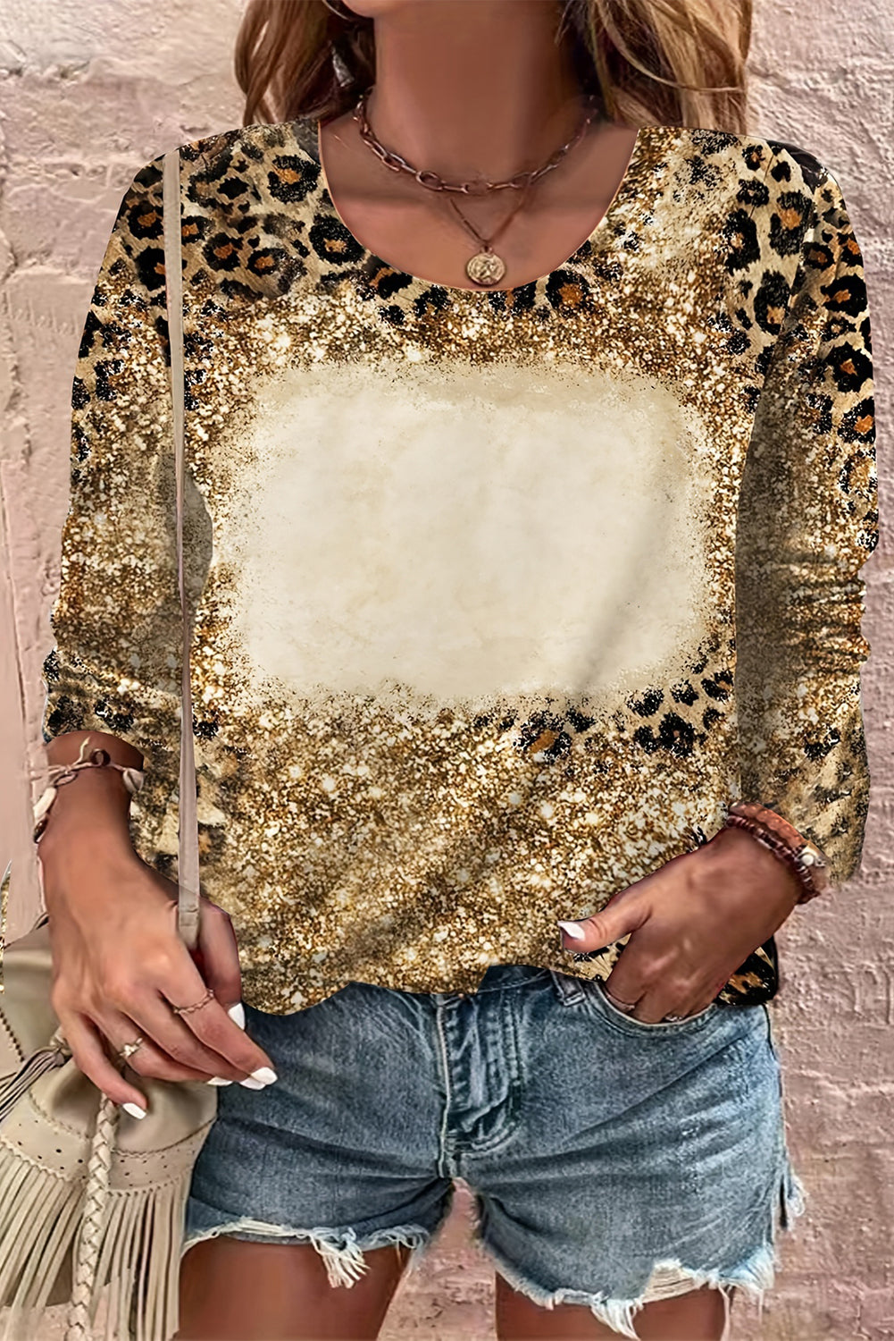 Bruin Cheetah Bleached Print T-shirt met lange mouwen