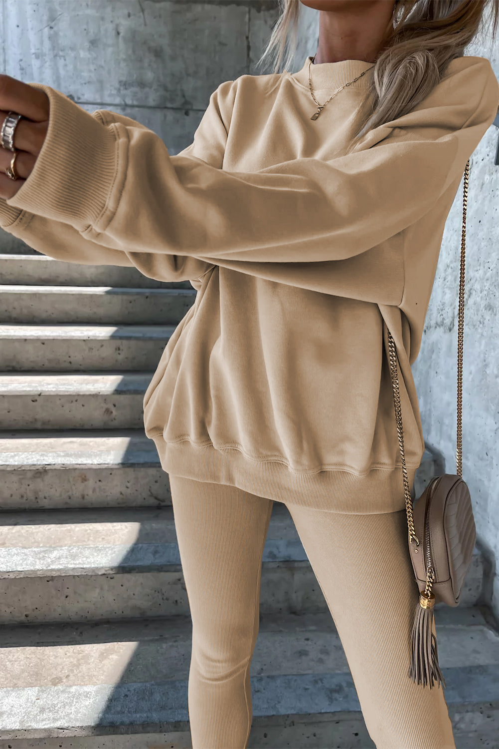 Beige effen sweatshirt en legging tweedelige set