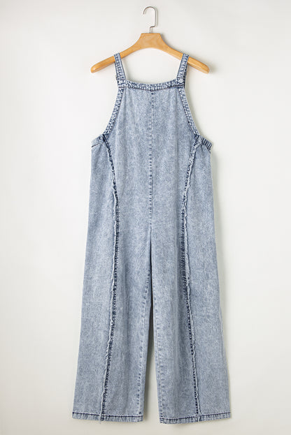 Beau Blue Light Wash Gerafelde zichtbare naad Wijde pijpen denim overall