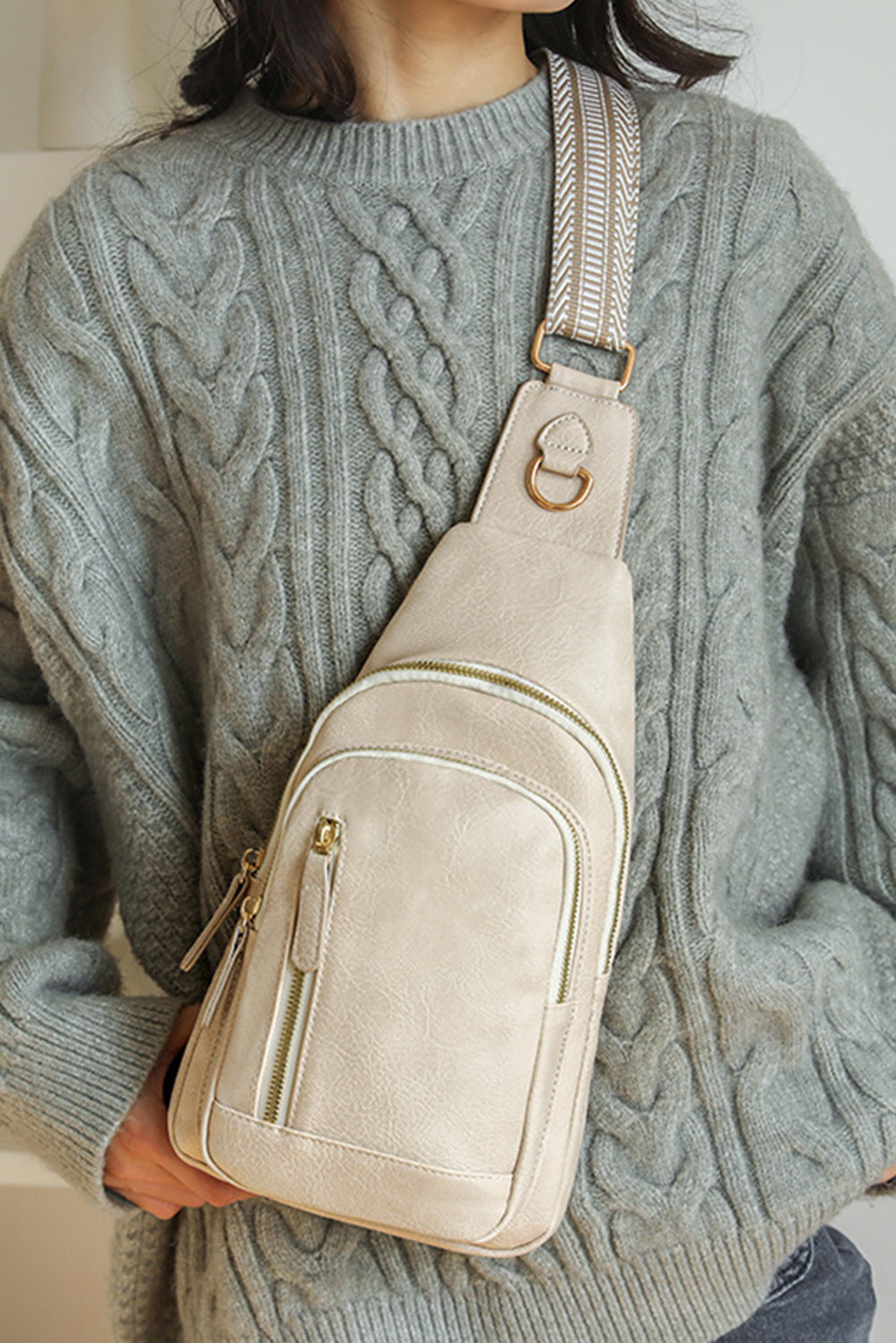 Beige Vintage PU Leather Zipped Crossbody Bag