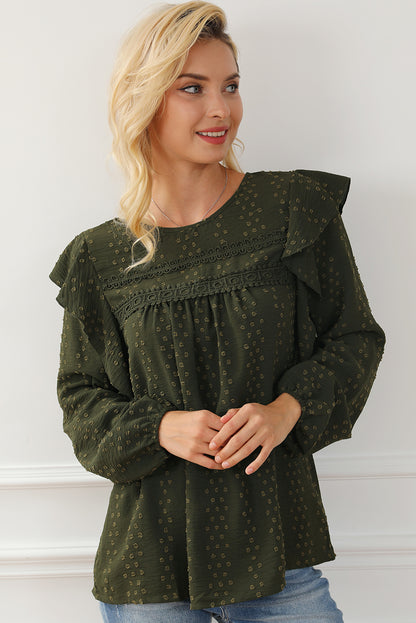 Zwartgroene kanten blouse met ruches op de schouder en lange mouwen