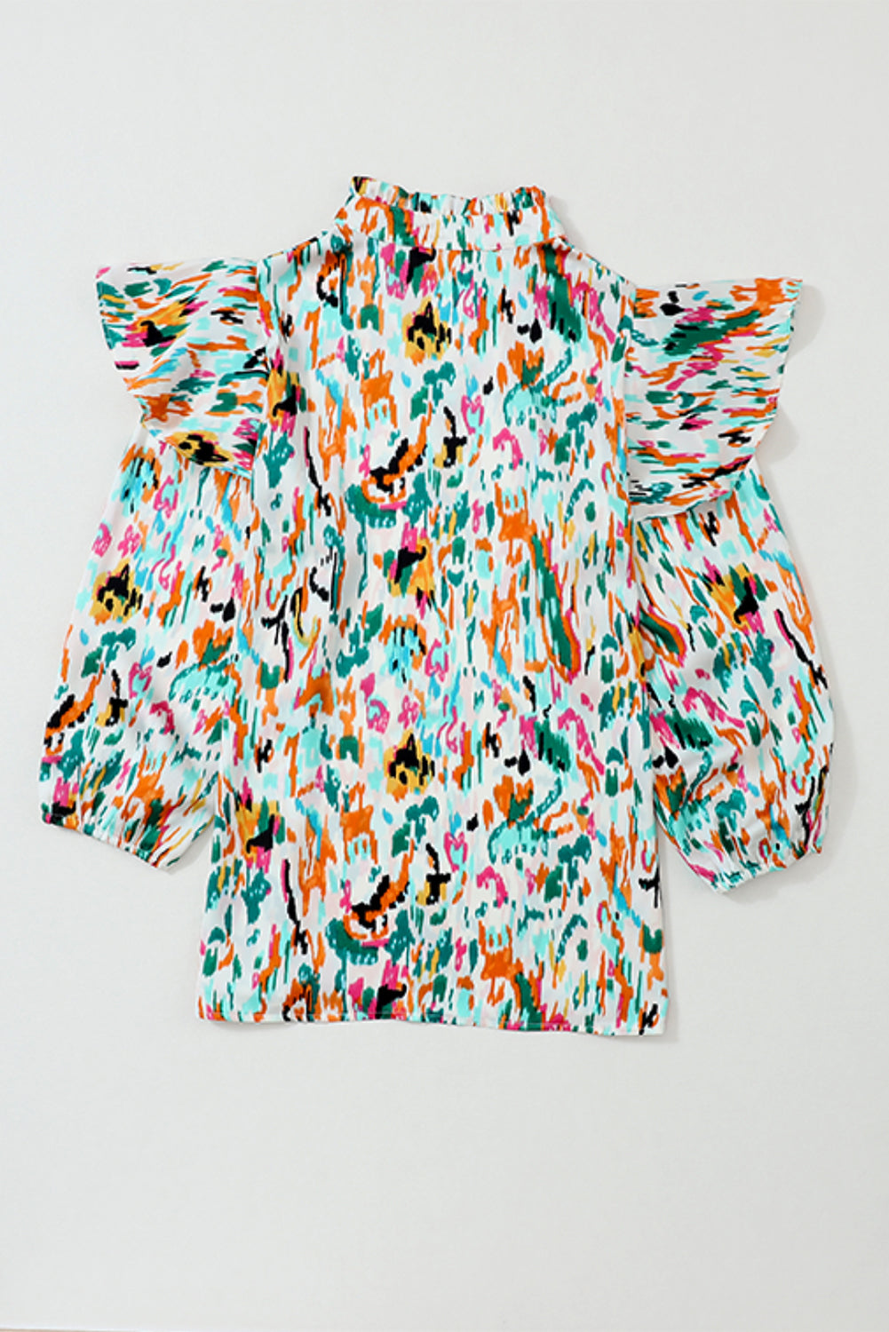 Blouse met veelkleurige abstracte print, 3/4 pofmouwen en ruches