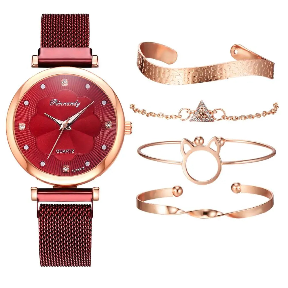 5-Piece Women's Luxury Magnet Buckle Watch Bracelet Set