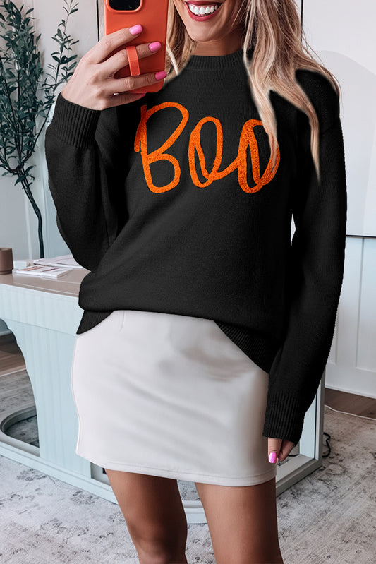 Pull à épaules tombantes avec bords côtelés et motif tricoté Black Boo