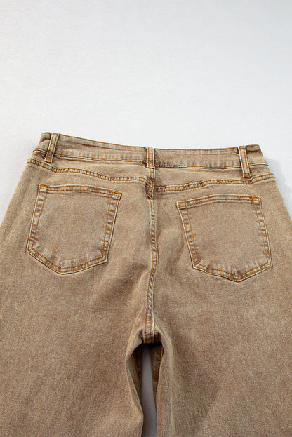 Lichte Franse beige acid washed high rise cropped wijde pijp jeans