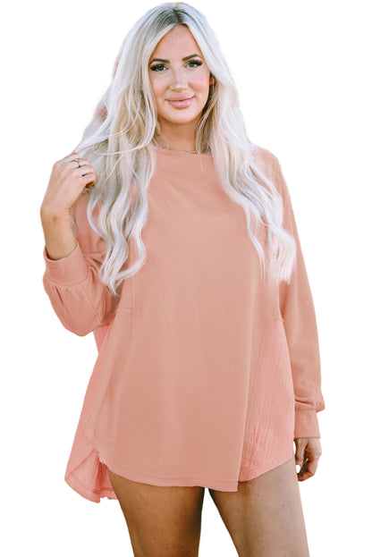 Camel Crinkle Splicing Raw Hem High Low Oversized Blouse