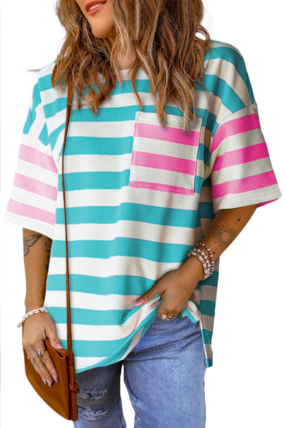 Roze streep contrast patch zak drop mouw T-shirt