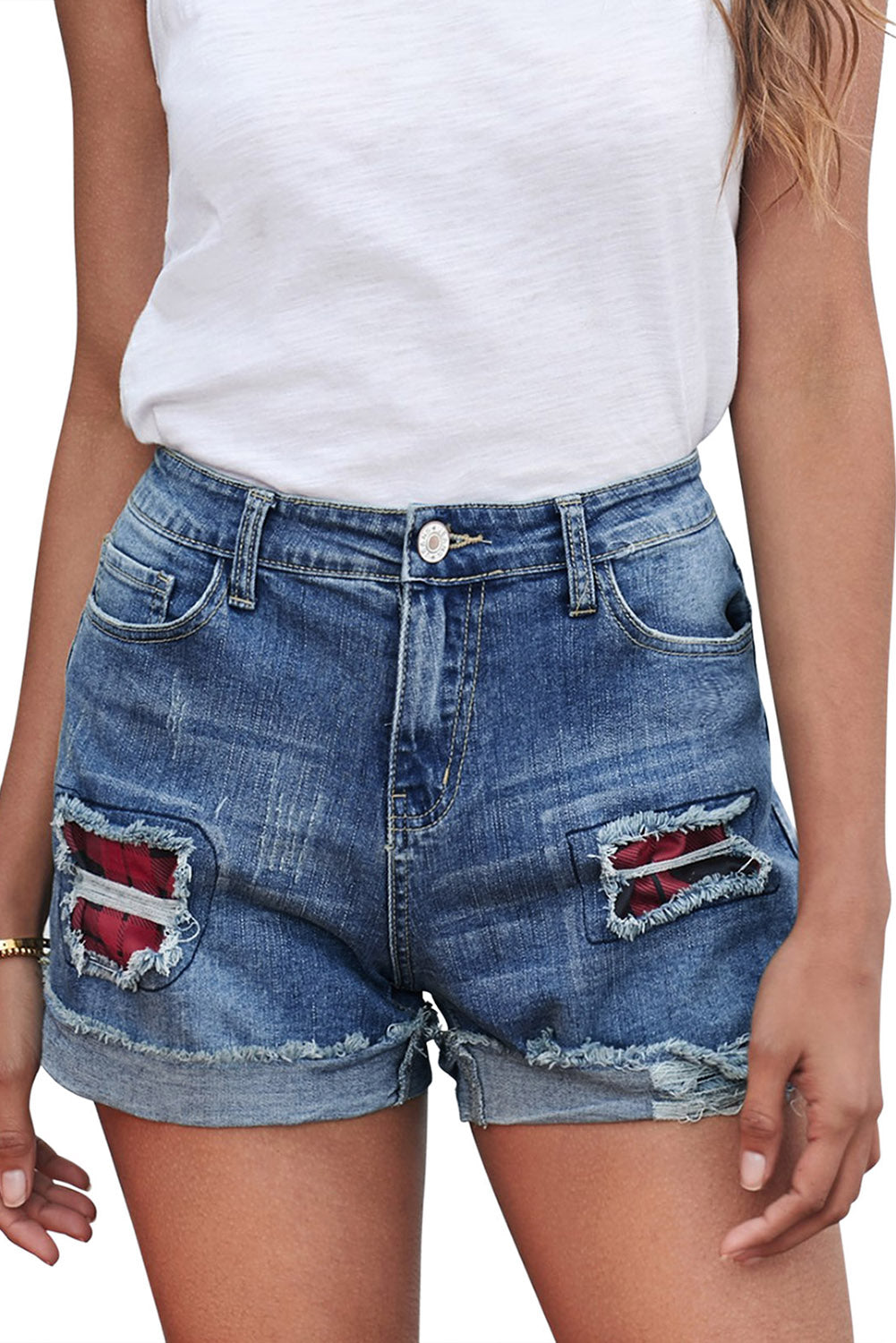 Casual denim shorts met bloemenpatchwork en opgerolde zoom