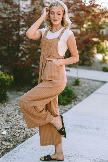 Black Striped Pleated Wide Leg Pocketed Jumpsuit