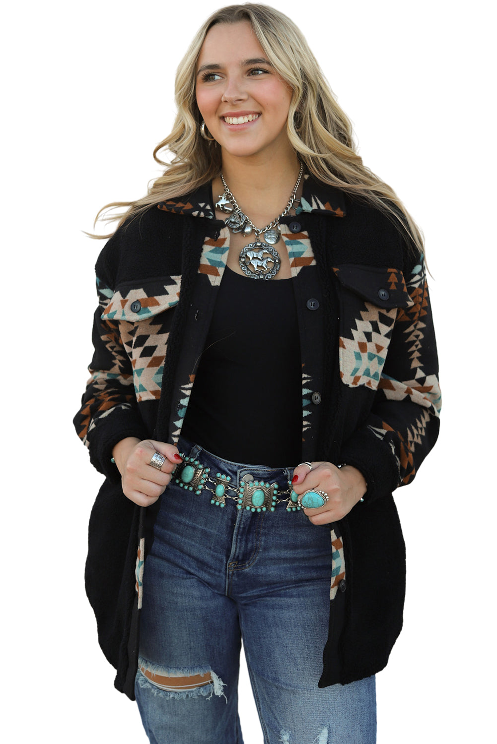 Zwarte Western Aztec Print Accent Fleece Shacket