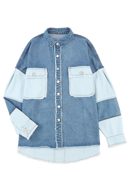 Blauwe kleurblok gerafeld patchwork oversized denim jack