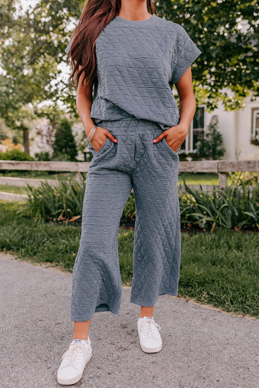 Sage Green Quilted Short Sleeve Wide Leg Pants Set