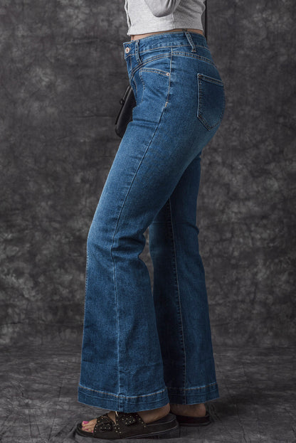 Blauwe jeans met hoge taille en naden en stiksels en flared zakken