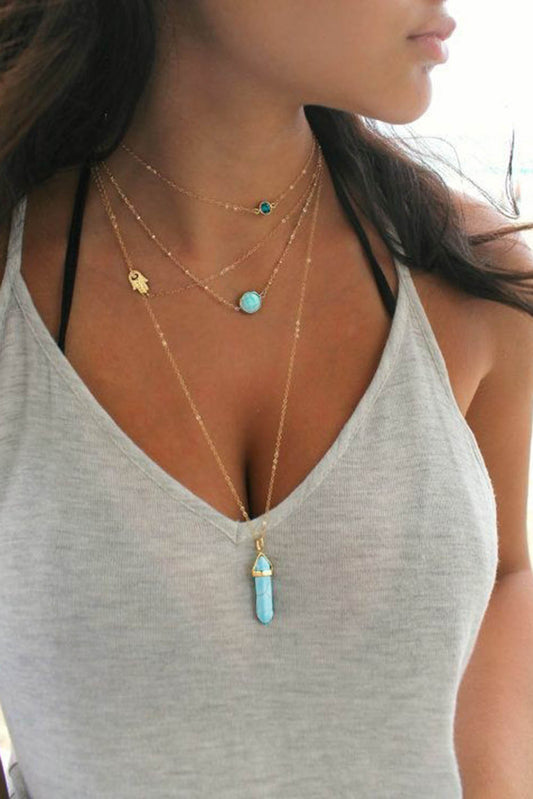 Gouden turquoise edelsteen hanger meerlaagse ketting 