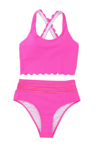 Pink Scalloped Criss Cross High Waist Bikini