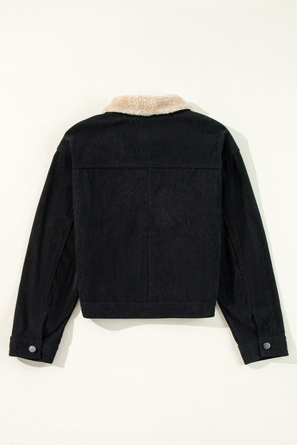 Zwarte fleece gevoerde corduroy crop jas met knoopsluiting en kraag