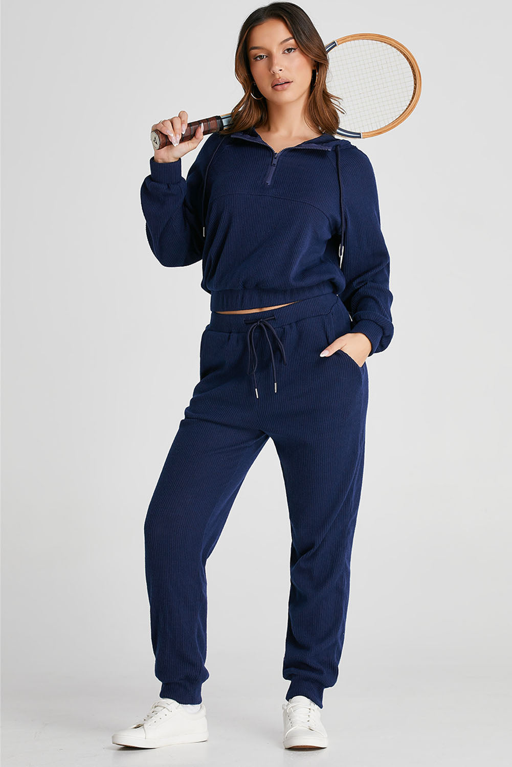 Marineblauwe geribbelde gebreide cropped hoodie en trekkoordjoggingbroekset