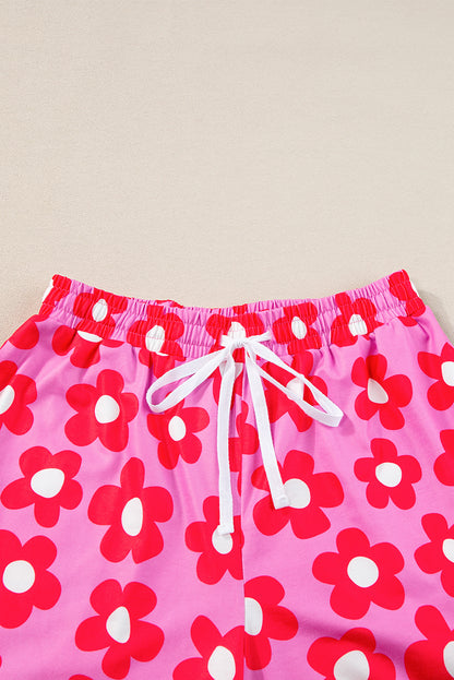 Pink Flower Print Short Sleeve Shirt Pajamas Set