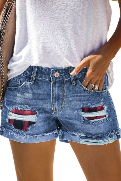 Casual denim shorts met bloemenpatchwork en opgerolde zoom