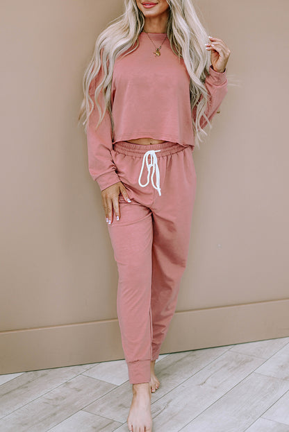 Roze effen sport boxy fit pullover en broek outfit