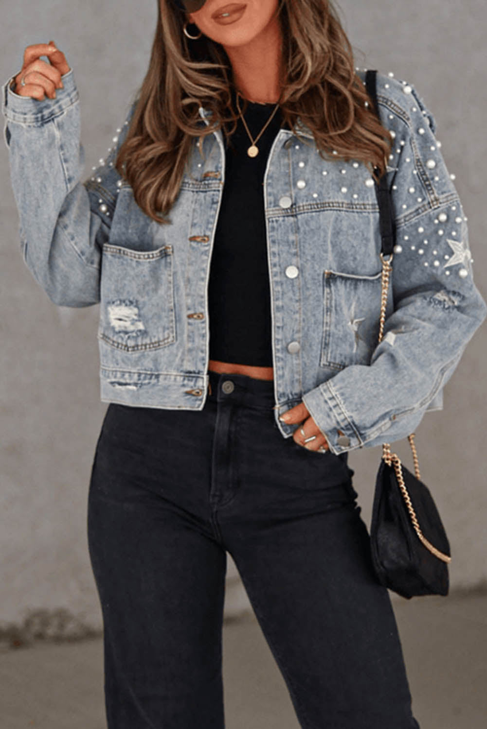 Zwarte distressed pearls ster cropped denim jack