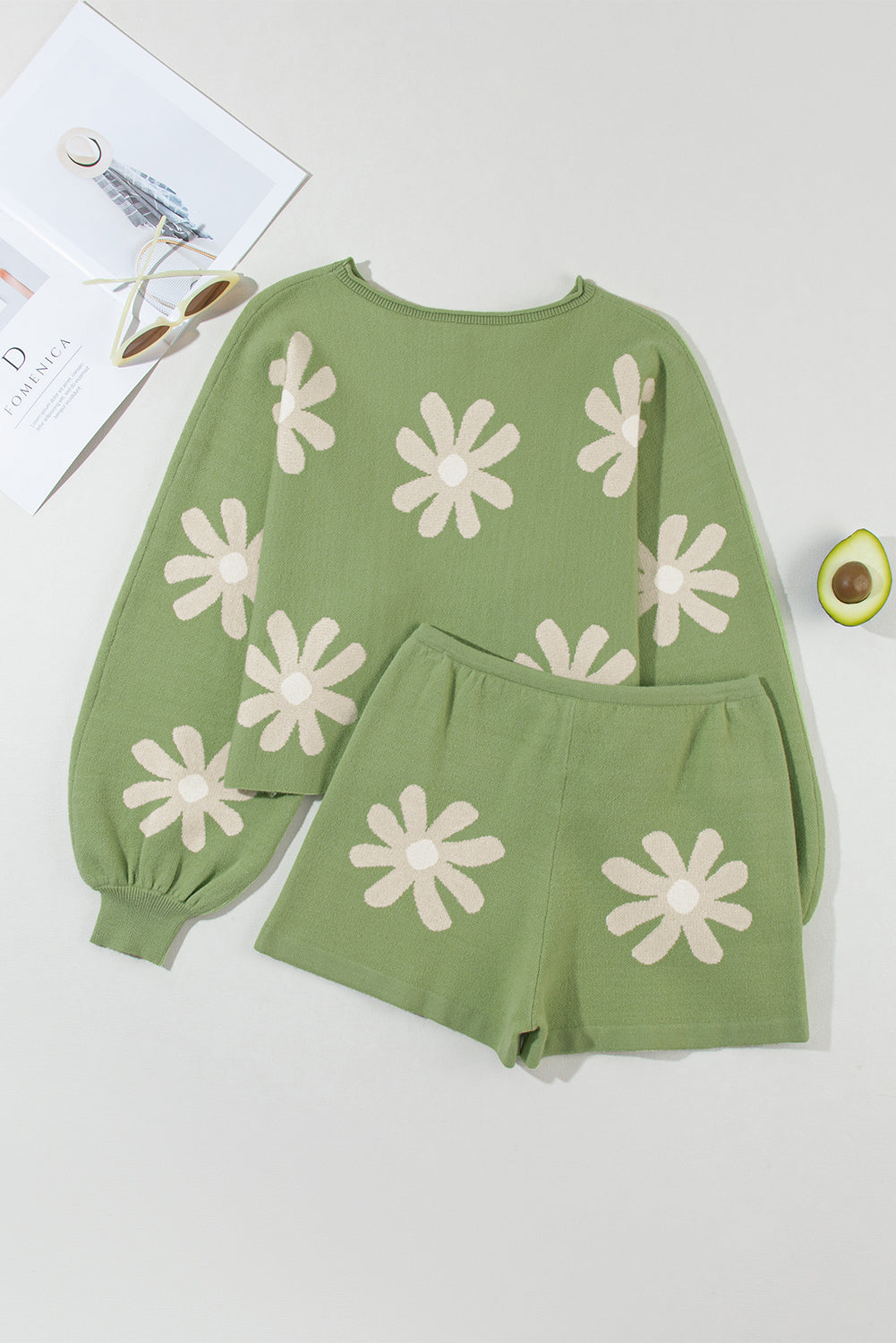 Green Flower Print Bubble Sleeve Knitted Sweater and Shorts Set