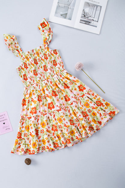 Veelkleurige gegolfde, mouwloze mini-jurk met hoge taille en bloemen