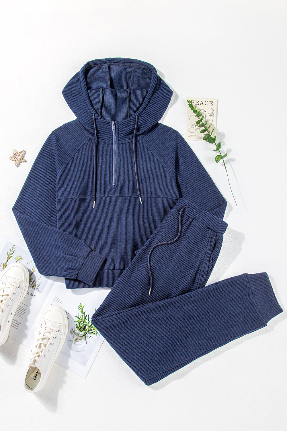 Marineblauwe geribbelde gebreide cropped hoodie en trekkoordjoggingbroekset