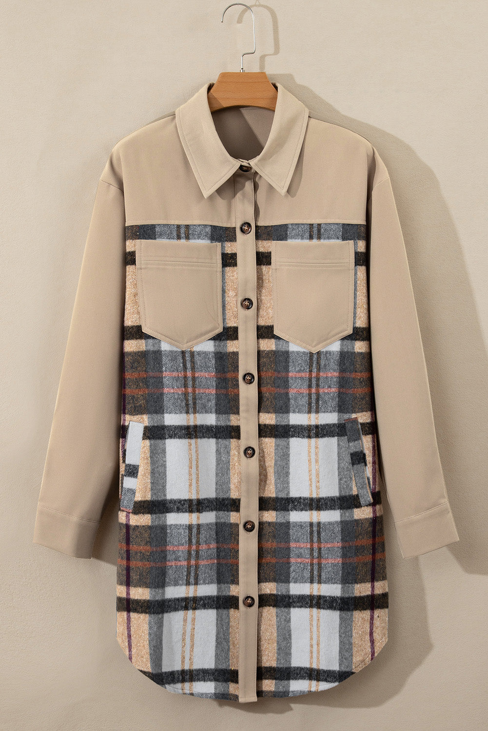 Khaki Plaid Patchwork Lange Mouw Shirt Mini Jurk